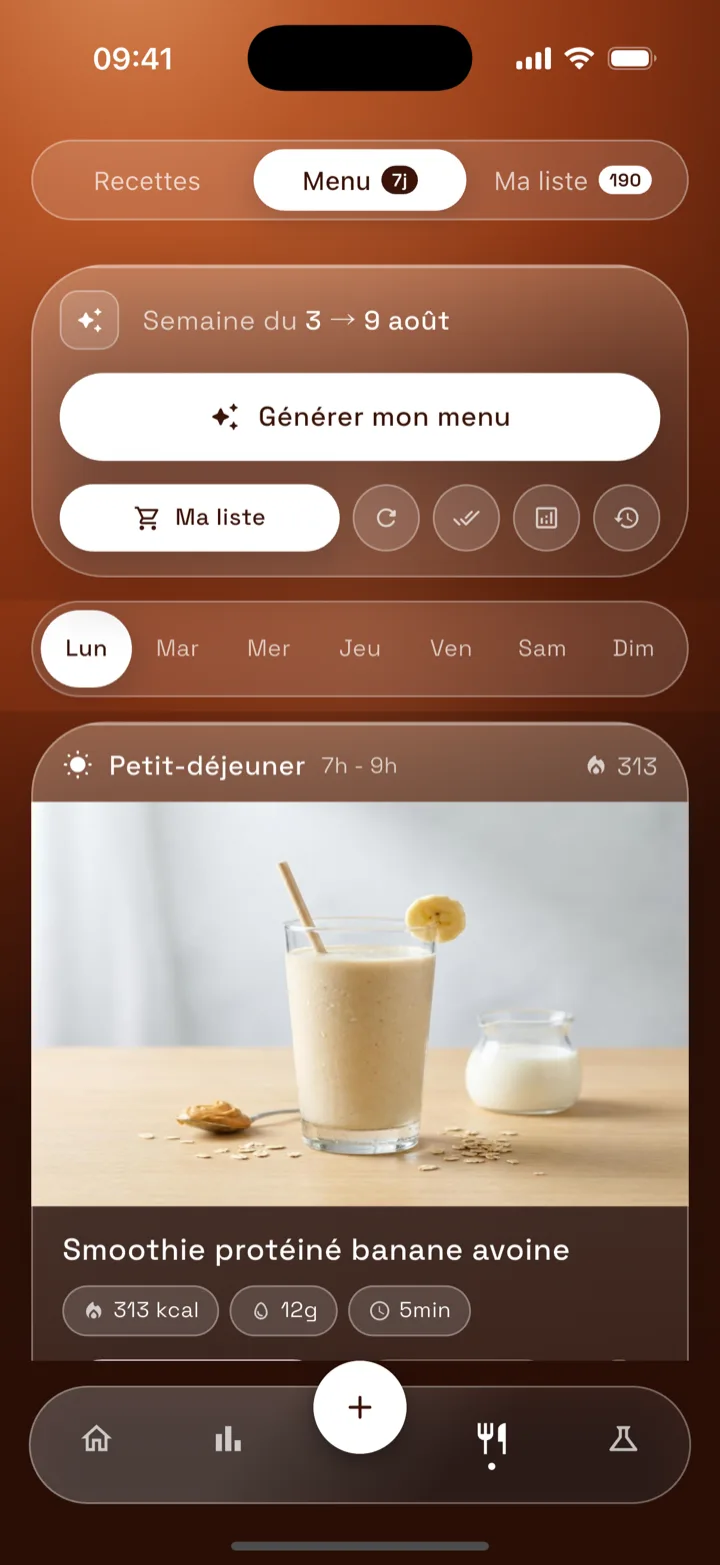Écran menu d'Anawiri : semaine planifiée jour par jour, petit-déjeuner du lundi, smoothie protéiné banane avoine, 313 kcal, 12 g de protéines, 5 min