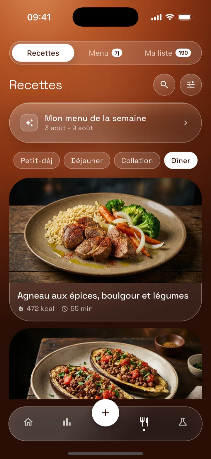 Écran recettes d'Anawiri : agneau aux épices, boulgour et légumes, 472 kcal en 55 min, filtres petit-déjeuner, déjeuner, collation, dîner